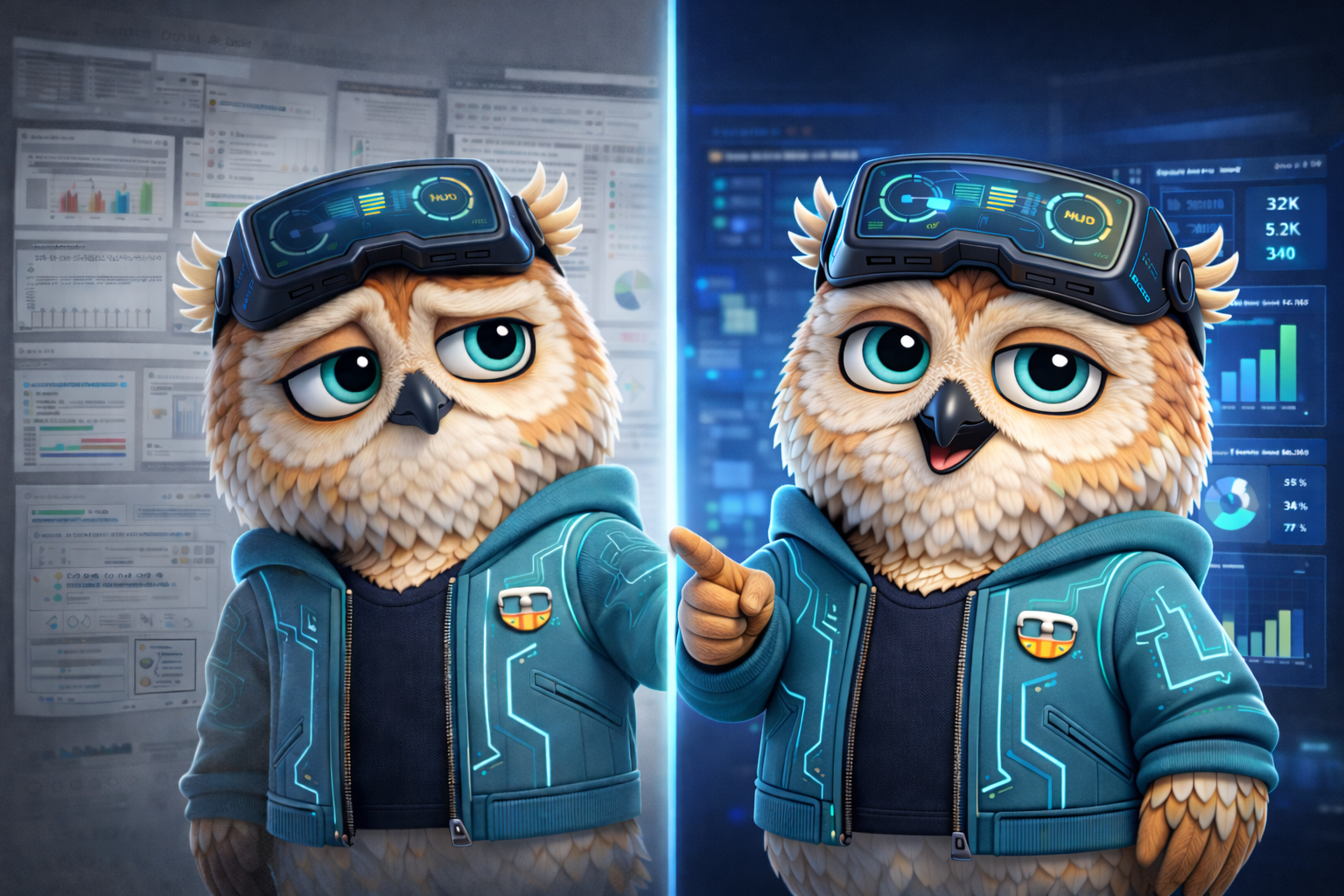 Before and after: raw data to insights - Gossip Analytics Gossip Analytics owl mascot illustrating the before and after transformation from raw XR data to actionable insights